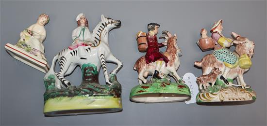 A Victorian Staffordshire Count Bruhl (pair), Staffordshire zebra and another, earlier
